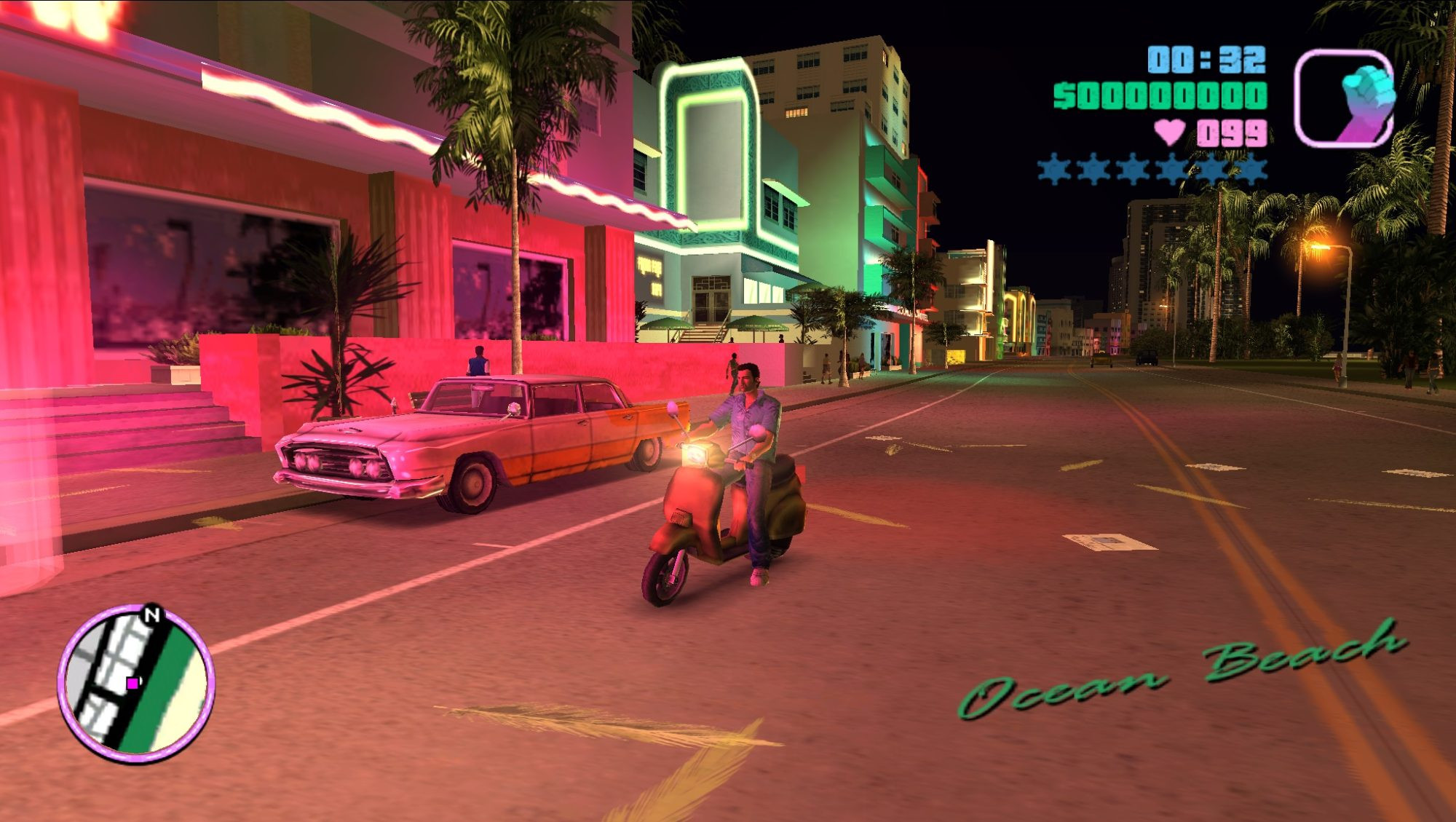 Neon streets and palm trees in GTA Vice City